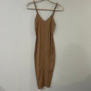 Boohoo Brown Bodycon Midi Sleeveless Tank Faux Button Down Dress Women's Size 6